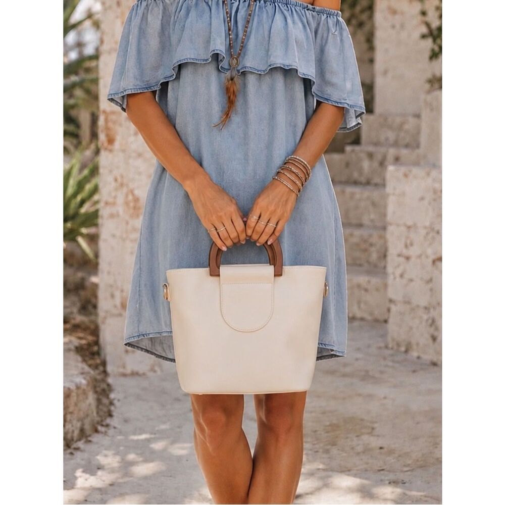 Anthropologie White Leather Bag with Wooden Handle